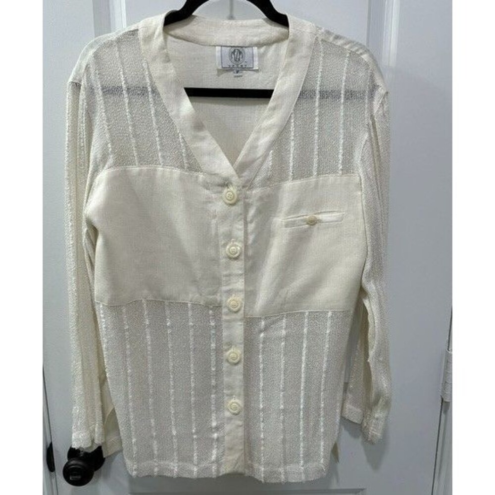 Vintage MZM Sport Womens P/0-2 Ivory Linen Crochet Mesh Top 80s-90s USA Made